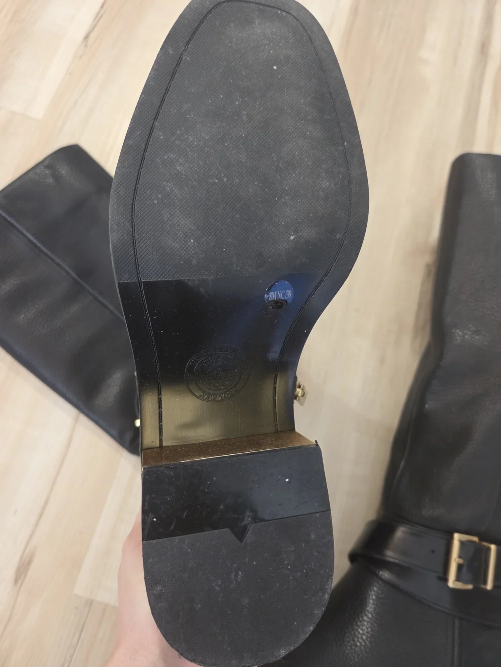 Black Leather Mid-Calf Boots with Gold Buckle